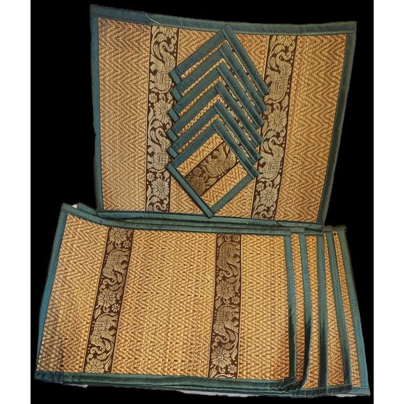 Thai Coasters Placemats Turquoise Mat Silk Reed Elephant Table Brown Color Set 6 - Picture 4 of 4